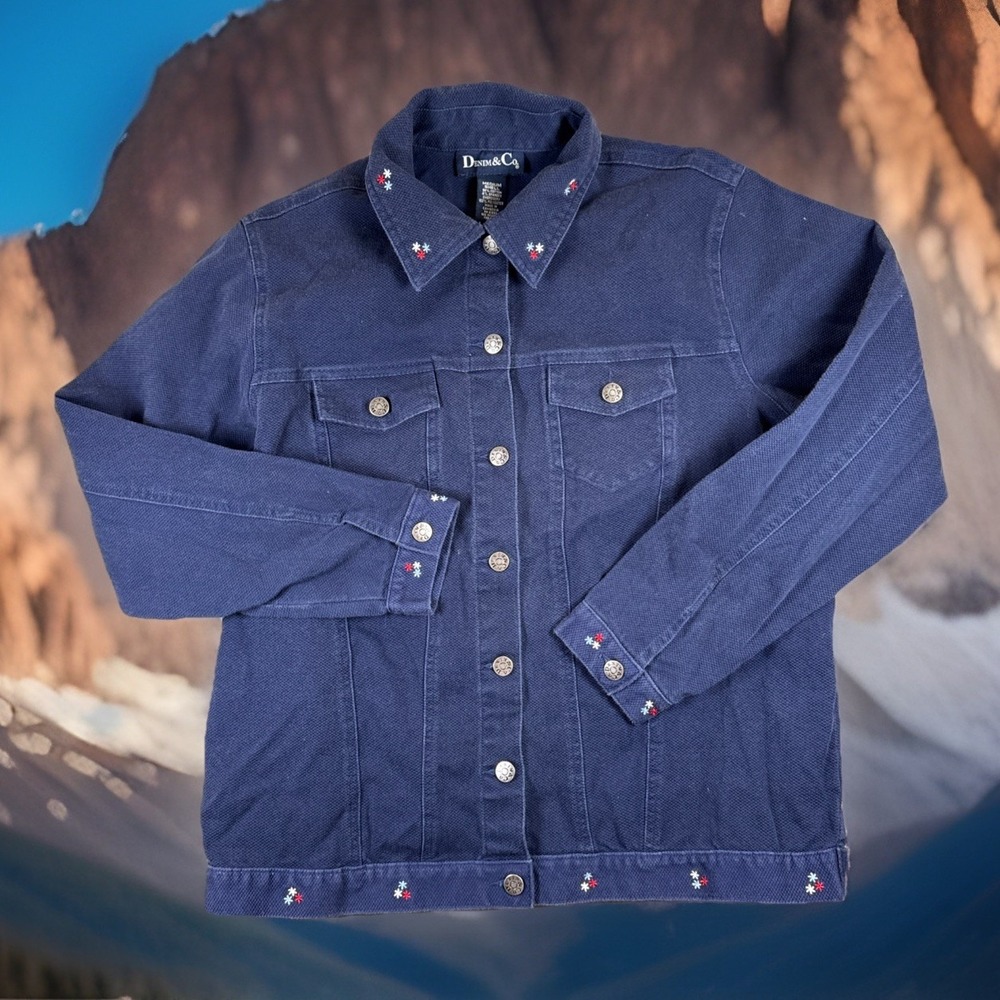 Y2K Denim &‎ Co Blue Women's Floral Jacket Embroidered Medium Button Up
